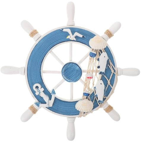 FAVOMOTO Wooden Ship Steering Wheel with Fishing Net Anchor Seagull Nautical Wall Hanging Decoration,Blue, White,23 x 23 x 2 cm; 189 Grams