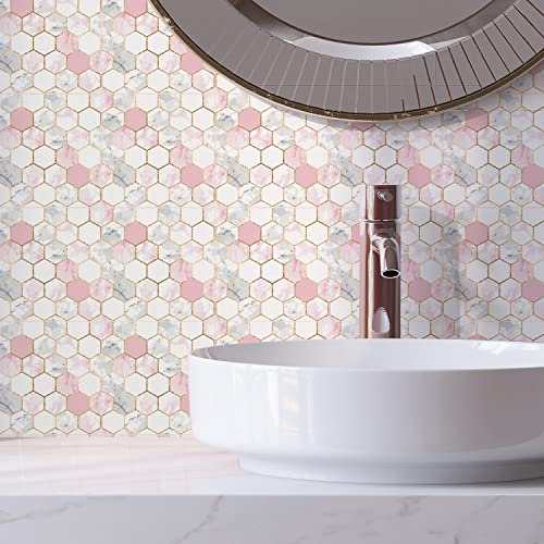 Alwayspon 12PcsX20cm/8inch Vinyl Wall Tile Sticker Transfer, Waterproof Sticky Back Tile Sticker for Kitchen Bathroom Self-adhesive Peel and Stick PVC Stick on Tile, White and Pink Marble Effect