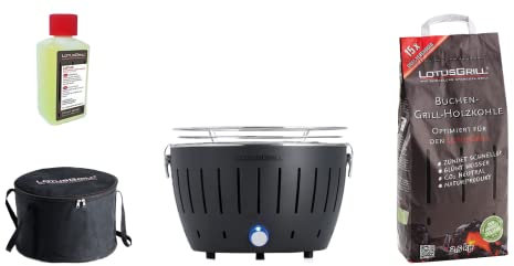 LotusGrill S Nero Starter-Set, 1 griglia, 1 carbone di faggio da 2,5 kg, 1 pasta combustibile da 200 ml, 1 borsa per il trasporto (Black)