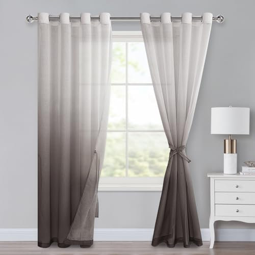 XWZO Voile Gardinen mit Ösen Vorhänge Farbverlauf Vorhang Sheer Ombre Gardinen 2 er Set für Schlafzimmer und Wohnzimmer Schlaufengardinen mit Raffhalter 225 x 140cm (H x B) Kaffeebraun