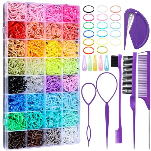 Auroray 32 Colors Small Hair Rubber Bands with 16 Styling Tools, 2000 Pcs Elastic Girl Baby Hair Ties, Mini Bands with Elastic Cutter, Hair Accessories Xmas Stuff for Girls Baby Toddlers Kids