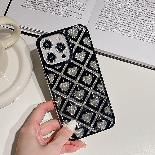 SLTAWDNSD Compatible with iPhone 13 Pro Max 6.7Inch Case for Women Girls with Glitter Bling Hollow Heart Design Soft TPU Slim Shockproof Anti-Slip Protective Cover for iPhone 13 Pro Max(Black)