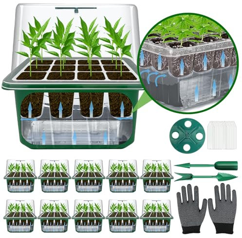 TZEKING 10 Piezas Bandejas Autorriego de Semilleros,120 Agujeros Bote de Turba Biodegradable,Humedad y Temperatura Ajustables,con 20 Etiquetas para Plantas, 2 Herramientas de jardinería, 2 Guantes