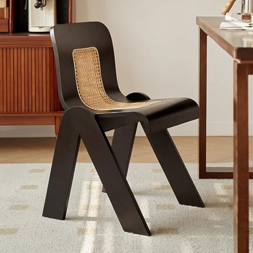 LEIYTFE Holz Esszimmerstuhl Armloser Retro-Küchenstuhl Schreibtischstuhl Rattan Stuhl Mit Rückenlehne, Landhaus-Seitenstuhl Home Office Stuhl Holzsitz (Color : Black)