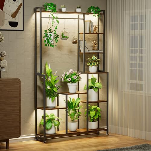 CODACE Pflanzenständer mit Wachstumslicht – 180 cm hoch, Blumenständer mit 8 Etagen, Metall, quadratisches Design, Pflanzenregal für Wohnzimmer, Balkon, Terrasse und Garten