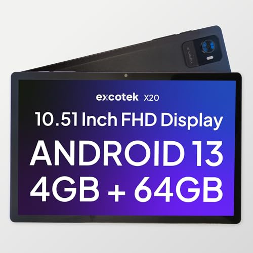Excotek X20 10.51 Tablet 2023, Android 13, Full HD IPS, Ultra Slim (64GB Storage - 128GB Micro SD Extendable, 4GB RAM, 8 Core CPU, 4G Cellular, WiFi, Bluetooth, USB Type C, 5MP & 13MP Cameras)