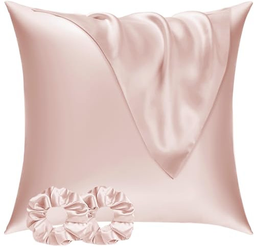 Vielit Satin Kissenbezug 80x80 2er Set & 2 Haargummis, Satin Kopfkissenbezug 80x80 Rosa, Weich wie Seidenkissenbezug 80x80,Bessere Pflege als Silk Pillosecase,Kissenhülle Kissenbezug für Haar und Haut