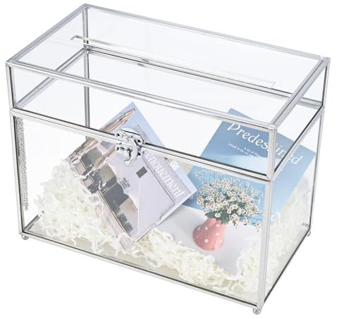 Homtone Vintage Glas Kartenbox Silber mit Schlitz, Geschenkkarten Box Terrarium für Hochzeitsempfang/ Geburtstagsparty/ Wunschgut/ Andenken (25.5 * 19.5 * 14.5cm)