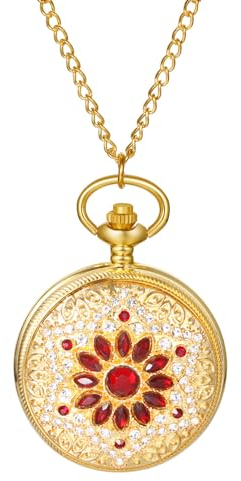 JewelryWe Gold Taschenuhr Damen Strass: Rot Glitzer Diamant Blume Blütenblatt Kettenuhr Analog Quarz Uhr Anhänger mit Halsette Kette Pocket Watch Geschenk für Frau Mutter Ehefrau