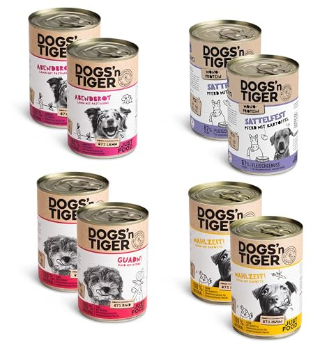 Dogs’n Tiger Adult Hundefutter, Nassfutter, Hypoallergen, ohne Zuckerzusatz & künstliche Konservierungsstoffe, optimale Verträglichkeit, Mixpaket Sensibelchen, Rind, Lamm, Huhn & Pferd, 8 TLG.- Set