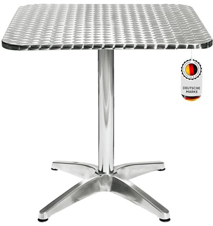 Hochwertiger Bistrotisch aus Aluminium, Eckiger Aluminiumtisch Wetterfest für Garten, Balkon und Terrassen – T70xB70xH72cm / Pflegeleichter Gartentisch mit Standfüßen – Silber glänzend Tischplatte