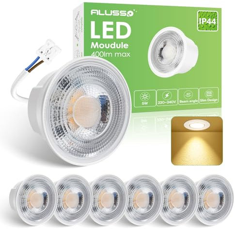 ALUSSO 5 W LED-Module, ultraflacher Ersatz für GU10 und MR16, 3000 K warmweiße LED-Lampen mit 50 mm x 23 mm Einbau für Einbaustrahler, 6er-Pack