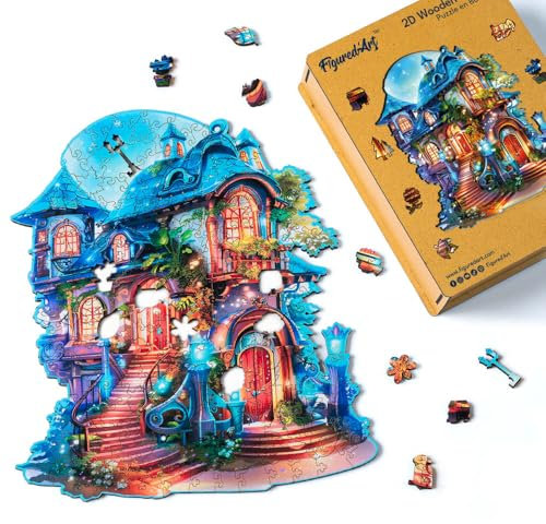 Figured'Art Holzpuzzle Erwachsene und Kinder 200 Teile - Verzaubertes Haus - Originelles Design 25x28,9 cm Einzigartige Form mit Premium-Holzkiste