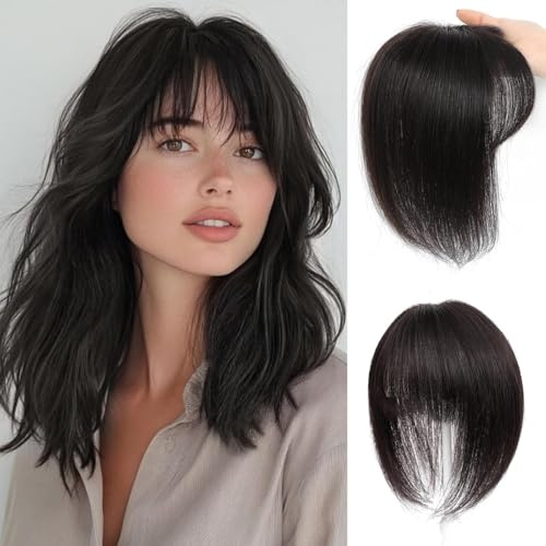 Haarteile Für Dünnes Haar Haartopper Echthaar Human Hair Toppers for Women with Fringe 12 Inch Real HairPieces-360°3D Bangs for Thinning Hair Topper Swiss Base Natural Black（#1B）