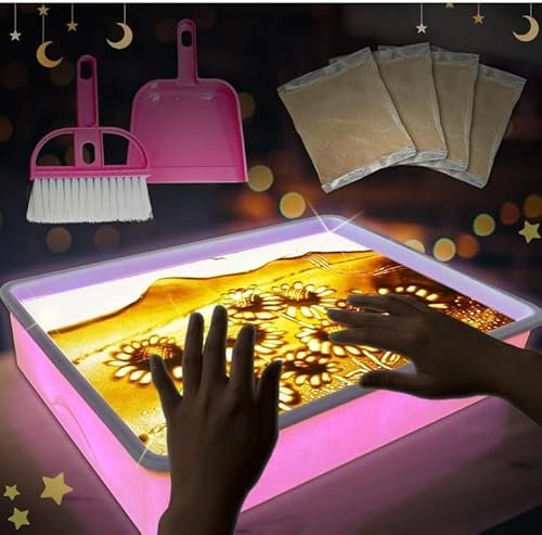 Bocguy Sandmalerei Lichtkasten für Kinder, Sandbilder mit 4 Packungen NatursandSand und Reinigungswerkzeuge, Dynamische Sandbild, Sandmalerei für Kinder (Pink)