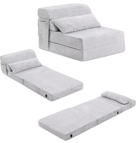 SESHINELL Folding Mattress with Pillow, Single Size Fold Out Sofa Chair Z Bed with Plush Cover & Storage Side Pocket, Floor Mattress Lounger for Guest Room, Living Room, Dorm, Home Office, Grey