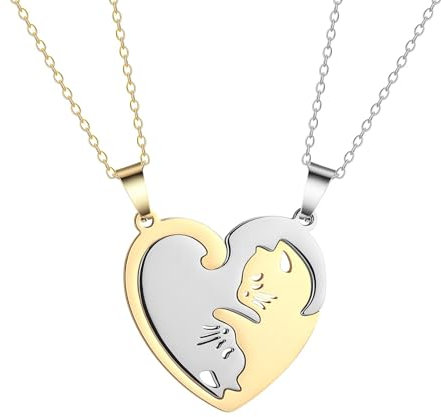 2 Stück Puzzle Katze Halskette, Freundschaftskette, Bff Ketten für 2,Katze Halskette, Damen Kette Anhänger für Paar Pärchen, Paar Kette Pärchen, Geeignet für Valentinstag, Geburtstag, Party(Golden)