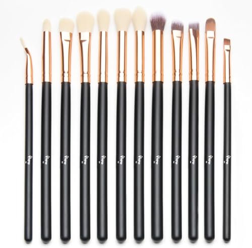 Juego de 12 brochas de maquillaje sintético para ojos, corrector, cejas, delineador, sombra de ojos, color negro con oro rosa