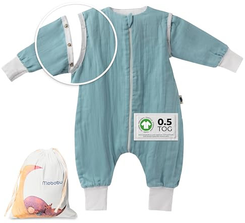 Mababu Ganzjahres Baby Schlafsack mit Füßen & abnehmbaren Ärmeln - 0.5 TOG - 100% GOTS - Bio Baumwolle - Ganzjähriger Kinderschlafsack mit Füßen- umklappbare Bündchen (Sea Green, 110cm)