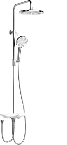 Creperture Regendusche ohne Armatur, Edelstahl Duscharmatur Komplettset mit Ablage, 25 cm Rund Regendusche und 3 Strahlarten Duschkopf mit Verstellbare Duschsäule 90-125cm Höhenverstellbare,Silber