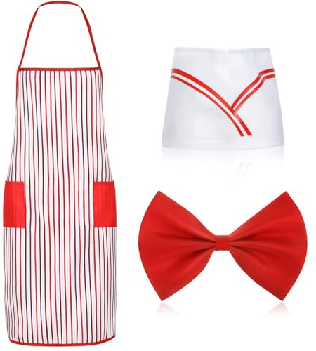 Wryzorix Popcorn Kostüm Damen, Erwachsene Kellner Kostüm Kit Rot Und Weiß Gestreifte Schürze Kochmütze Set Fliege Popcorn Kostüm Für Halloween Cosplay Karneval
