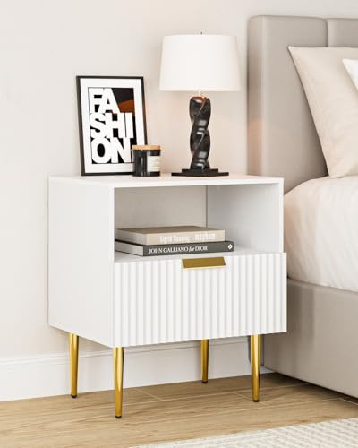 Apetaccat Table de chevet blanche en bois avec 1 tiroir et pieds dorés, 50 x 40 x 60 cm, meuble pour chambre à coucher, salon
