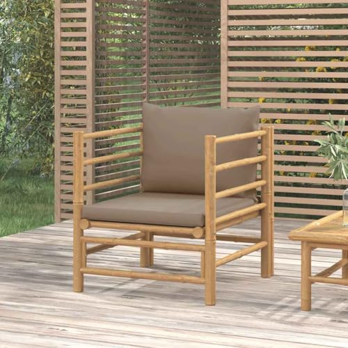 QJBSAVVA Gartensessel aus Bambus mit Taupe Outdoor Kissen 63 x 69 x 65 cm Modularer Loungesessel mit Sitz- & Rückenkissen Robust & Modernes Design für Balkon Garten Terrasse