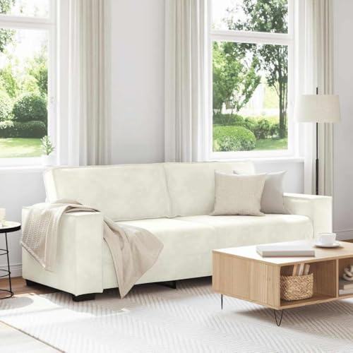 YUOTYRKTEJRSG 3-Seater Sofa Cream Velvet 180 cm Living Room Couch with Wide Armrests. Soft Fabric Upholstery. Sturdy Wood Metal Frame for Home Office Lounge Relaxation