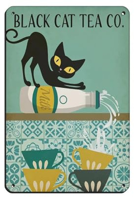 Black Cat Tea Co. Blechschild, Vintage, Metall, Pub, Club, Café, Bar, Zuhause, Wandkunst, Dekoration, Poster, Retro, 20 x 30 cm