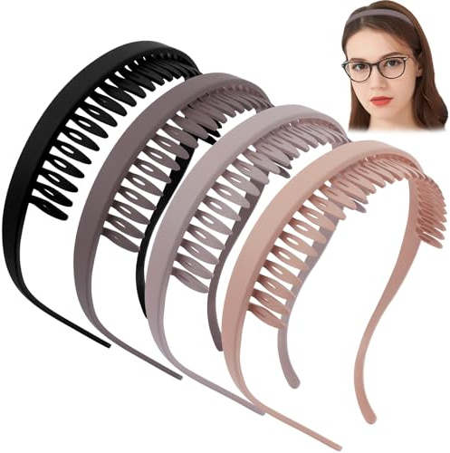Celblisora 4 pièces Bandeaux Matifiés Antidérapants pour Femmes Porteuses de Lunettes, Sans Pression, Sans Maux de Tête, Bandeau Zizag en Plastique avec Dents, Accessoire pour Cheveux