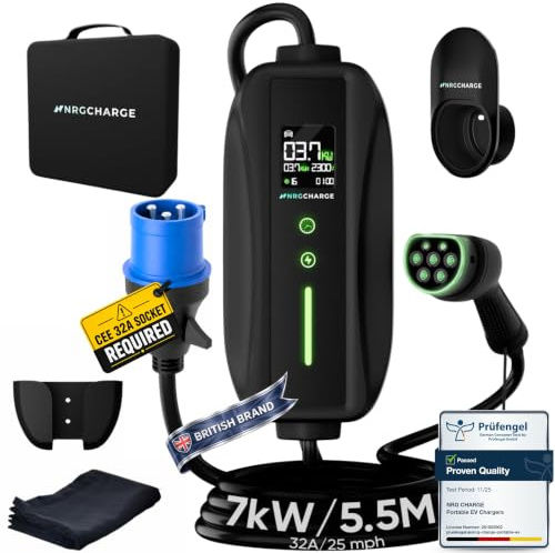 EV Charger CEE 32A Plug | Portable EV Charger Type 2, 7kW | Single Phase, Cabel, 6-32A | Electric Car Charger | Home Car Charger | Fast Charging, Compact, Travel-Friendly (7kW, 5,5 Meter)