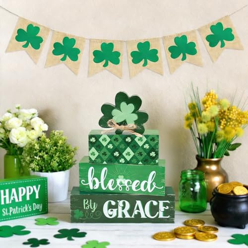 St Patrick’s Day Wooden Tabletop Decor, Blessed by Grace Stacked Wood Block Sign with Shamrock, Green Irish Decor for Tiered Tray, Mantel, Kitchen, Dining Table, Office & St Patrick’s Day Party