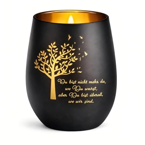Trauerlicht mit Spruch aus schwarzem Glas – Windlicht als Trauergeschenk | Schwarzes Glas mit goldener Innenseite, Lebensbaum und Trauerspruch; als Erinnerungslicht für Verstorbene und zum Beileid.