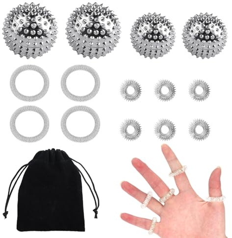 4 Igelball Massageball & 10 Akkupressurringe, Magnetische Igelbälle | Akupressur Ringe Set,Akupressurring Finger Massageringe,Skills Borderline Set für Fingermassagering,Igelball Stress Relief