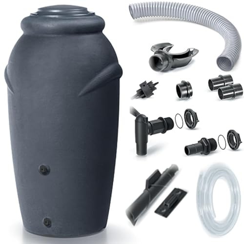 EMIX24.DE Regentonne 210L mit Deckel und Wasserhahn, Anthrazit, Langlebig und Einfach zu Bedienen, Regenwasserspeicher für Garten