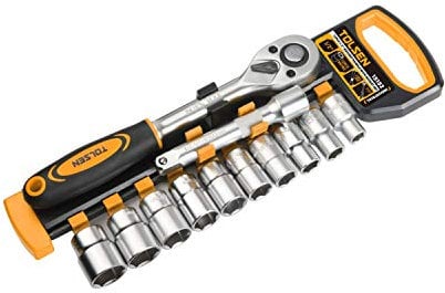 Tolsen Socket Set, 1/2 12 Pieces - Chrome Vanadium Steel Ratchet Handle with Extension Bar, 10-22mm Metric Sockets