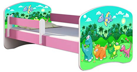 Kinderbett Jugendbett mit einer Schublade und Matratze Rausfallschutz Rosa 70 x 140 80 x 160 80 x 180 ACMA II (30 Dino, 80 x 180 cm)