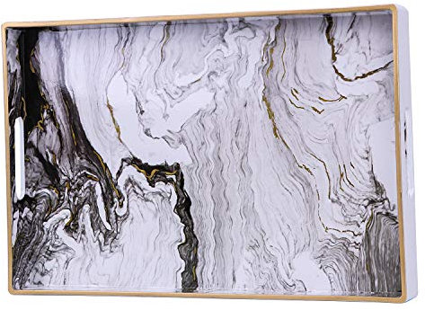 Simmer Stone Decorative Tray, Marbling Plastic Tray with Handles, Rectangular Vanity Tray and Serving Tray for Bathroom, Kitchen, Ottoman and Coffee table, 15.6” x 10.2”, White