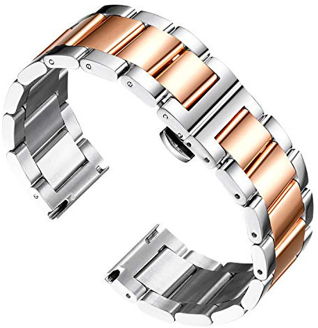 BINLUN Bracelet de Montre en Acier Inoxydable Épais Bracelets de Montre en Métal Lourd Fini Brossé Mat Poli Bracelet Montre de Remplacement pour Hommes Femmes (Argent Poli et Or Rose,16mm)