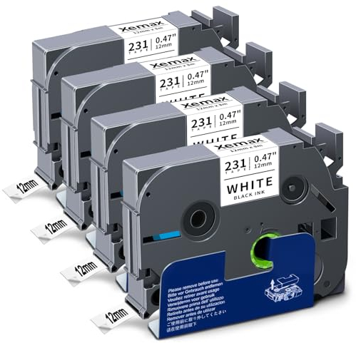4x XemaX Etikettenband Kompatibel für Brother P-touch Bänder 12mm TZe-231 TZ-231 Schriftbänder Schwarz auf Weiß Etiketten Kassette für Brother P-Touch PT-E110 H100R H110 H101C H108 E100 H100LB H105