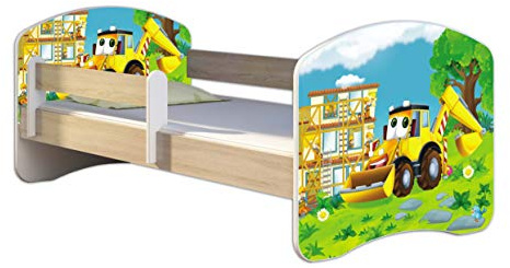 ACMA Kinderbett 160x80 Jugendbett mit Matratze, Farbe Sonoma mit Rausfallschutz Lattenrost II Spielbett Kinderzimmer Möbel, 20 Bagger