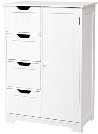 Mondeer Badezimmerschrank mit 4 Schubladen und 1 Tür moderner Stil für Bad Wohnzimmer Schlafzimmer Flur Küche, Weiß, 56 x30 x 82.5 cm