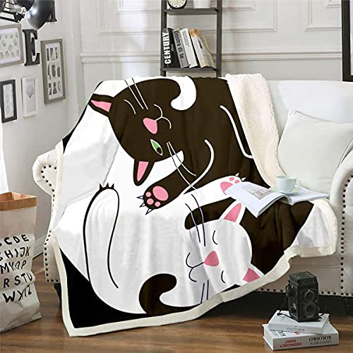 Niedliche Katzen Decke 130x150cm Haustier Katzen Muster Flanell Fleecedecke Kawaii Kätzchen Kuscheldecke für Schlafsofa Couch Stuhl Schlafzimmer Dekor Schwarz Weiß Wohndecke Karikatur Tier