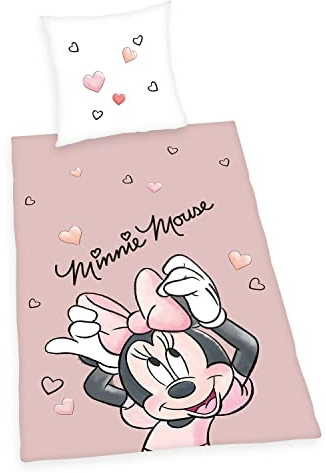 Herding Disney´s Minnie Mouse Bettwäsche-Set, Kopfkissenbezug 70 x 90 cm, Bettbezug 140 x 200 cm, Mit leichtläufigem Reißverschluss, 100% Baumwolle/Renforcé, Rosa/Weiß