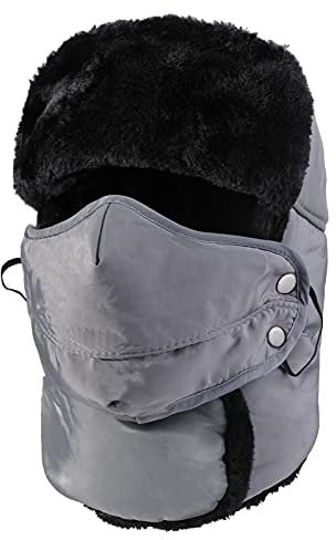 TAGVO Wintermütze mit Ohrenklappen, Fellmütze, Kunstfellmütze, Fliegermütze mit Winddichte Abnehmbarer Gesichtsmaske für Skifahren, Schlittschuhlaufen und andere Outdoor-Aktivitäten One-Size Grau