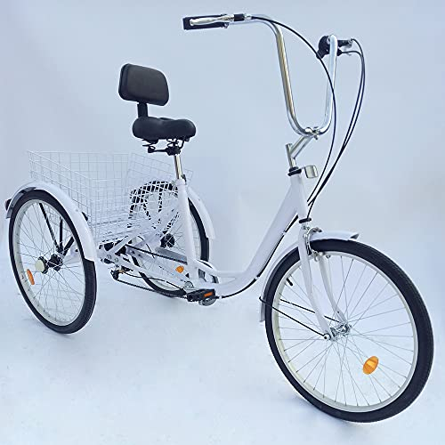 TIXBYGO 24 Zoll Dreirad für Senioren,3-Rad Fahrrad mit Einkaufskorb,6-Gang Dreirad für Erwachsene,Dreirad für Erwachsene Comfort Fahrrad Outdoor Sports Urban (Weiß)
