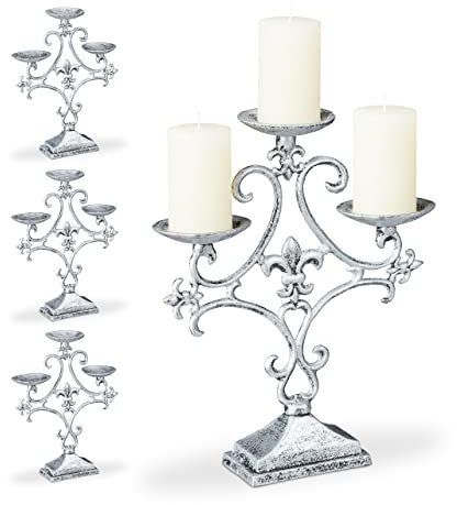 4 x Kerzenständer, 3-armig, Kerzenhalter Stumpenkerzen, Shabby, Vintage, Gusseisen, HxBxT: 28,5 x 23 x 7,5 cm, Silber