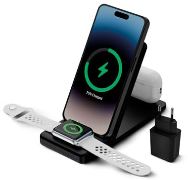 KSIX Base de Carga 3 en 1 Standing Station 3in1. Cargador inalámbrico 24 Horas, 15W Wireless,Qi Charger, Color Negro Brillo. para Smartphones, Auriculares inalámbricos y Apple Watch (Series 1-7)