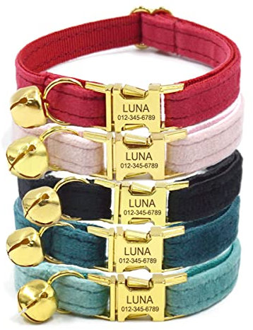 Personalized Cat Collar with Engraved Name and Phone Number - Customizable Kitten Collars for Boys and Girls (Velvet)