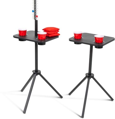 GoSports Allwetter-Anzeigetafel für Cornhole – Set mit 2 Metall-ScoreCaddy Tischen mit Getränkehaltern – magnetischer Outdoor-Punktehalter für Hofspiele – Schwarz